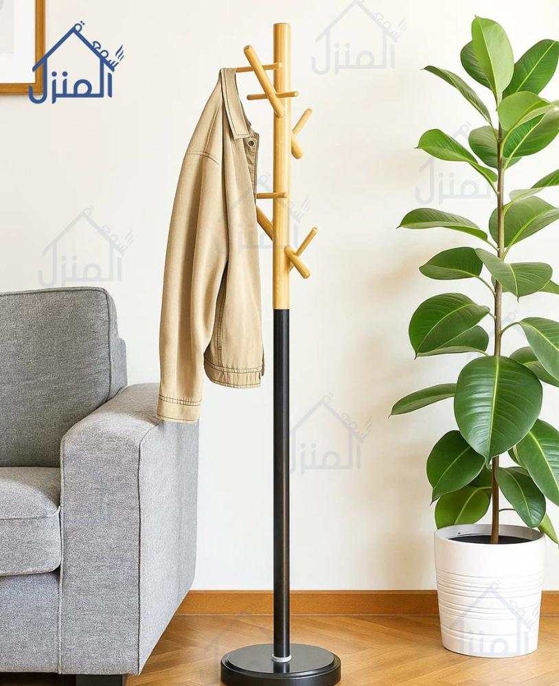 شماعة ملابس أرضية معدنية وخشبية أسود وبني فاتح