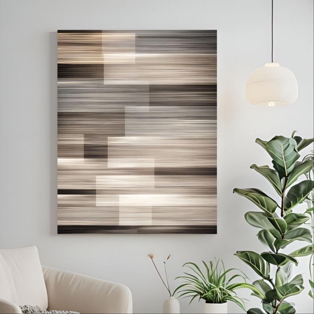 لوحة طولي  خطوط هندسية بيج ورمادي طباعة كانفس