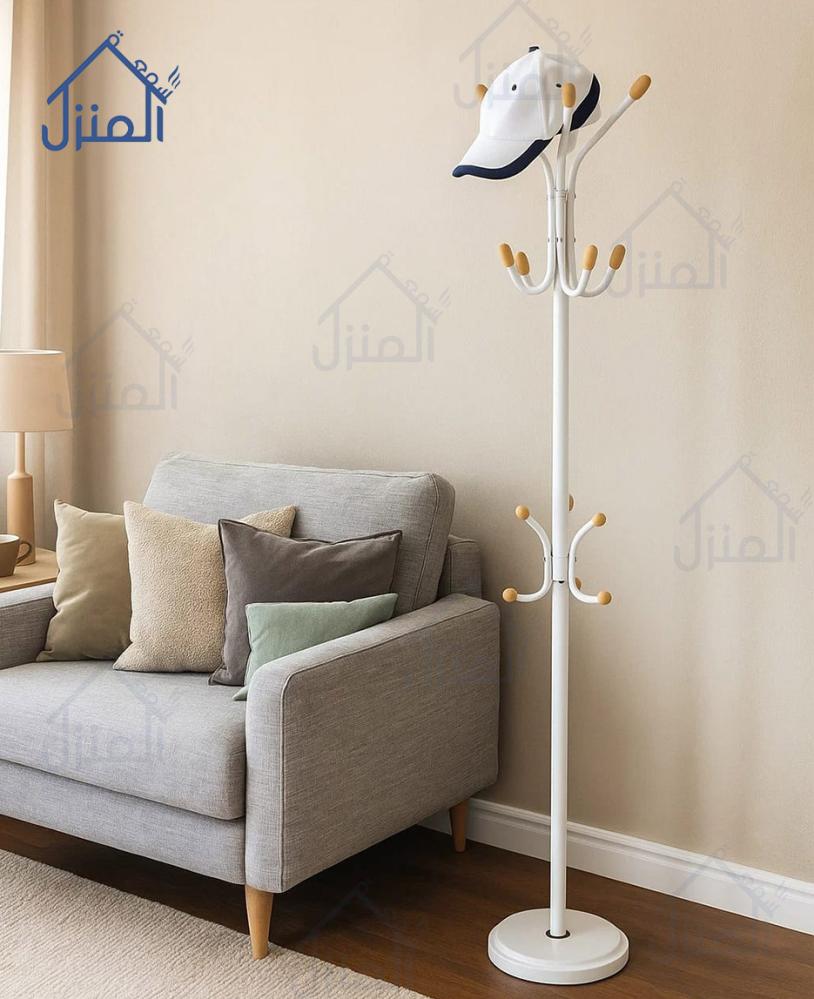 شماعة ملابس أرضية معدنية بمقابض خشبية أبيض وبني فاتح