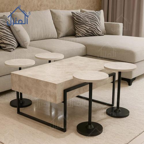 طقم طاولات قهوة بتصميم رخامي 4 طاولات جانبية دائري...