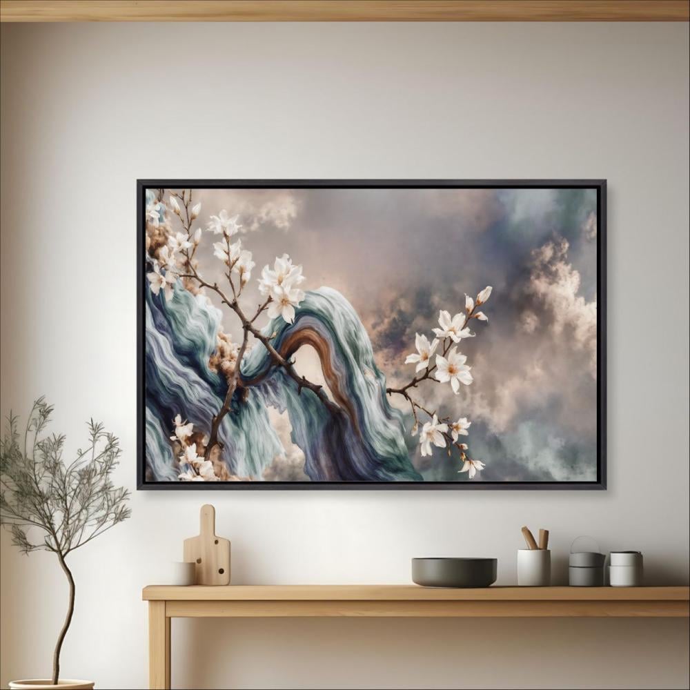 لوحة الأزهار و التموجات الحالمة زرقاء طباعة كانفس