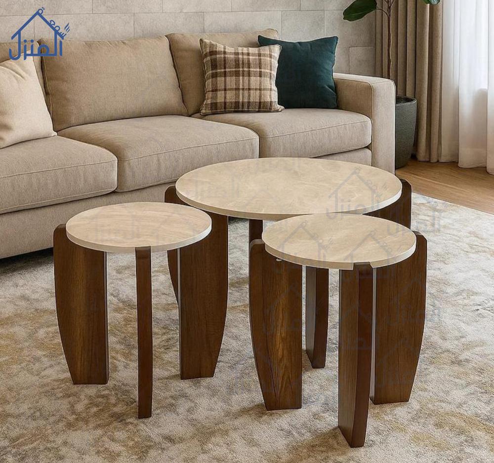 طقم طاولات خدمة دائرية 5 قطع تصميم خشبي بسطح بديل رخام أنيق