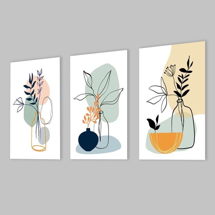 طقم 3 لوحات فن تجريدي مزهريات وخطوط بألوان بيج وأسود