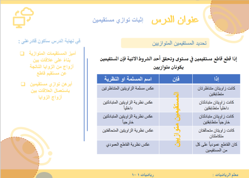 ملخص درس اثبات توازي مستقيمين للصف اول ثانوي