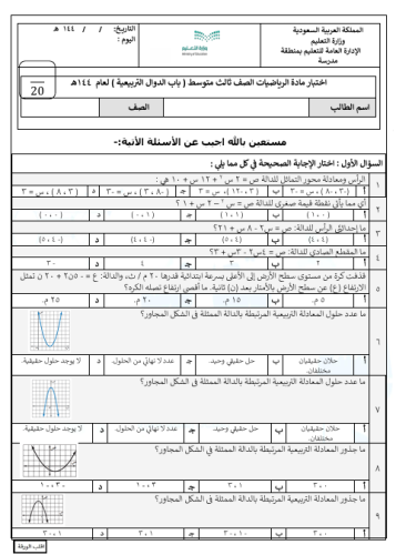 اختبار باب الدوال التربيعية