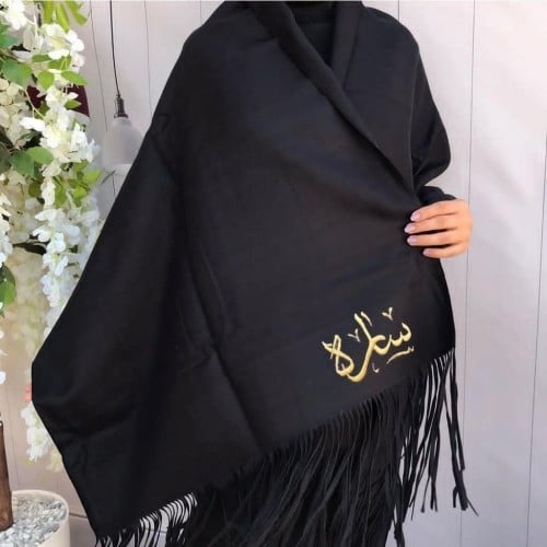 شال شتوي اسود بتصميم سكارف قماش ناعم وفرو دافي