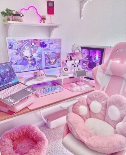 ست اب للكونسول والبي سي يشمل شاشه  2k  HD كبيره + طاوله + كرسي قيمرز بينك +كيبورد +ماوس مع فرشة باد كبيره كواييي صمم خصيصًا للجلسات الطويله على المكتب او الالعاب