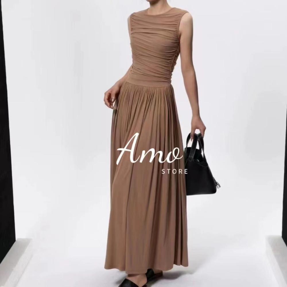 فستان لون كاكي طويل بخصر مرن بدون اكمام بشكل دائري AMO STORE