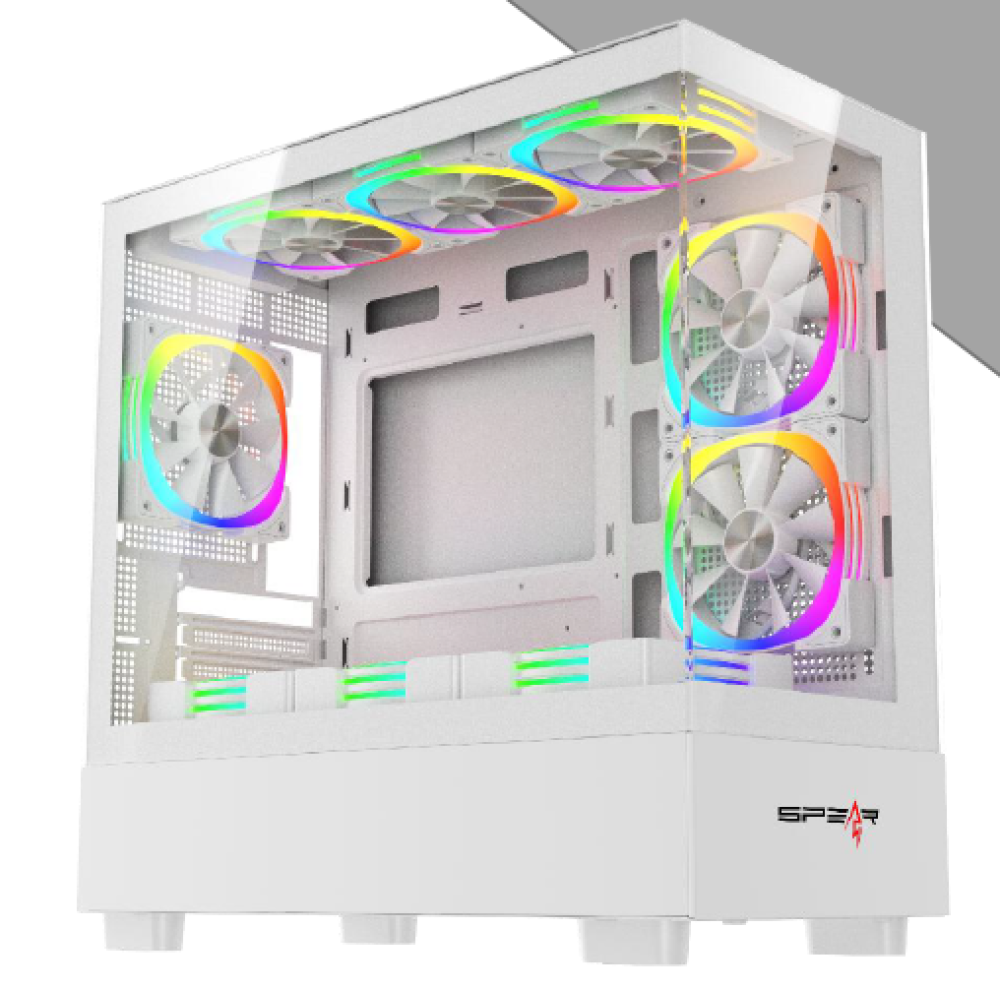 Spear Matx Case الأبيض بستة مراوح مع ريموت التحكم بإضاءة المراوح