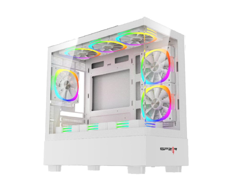 Spear Matx Case الأبيض بستة مراوح مع ريموت التحكم بإضاءة المراوح