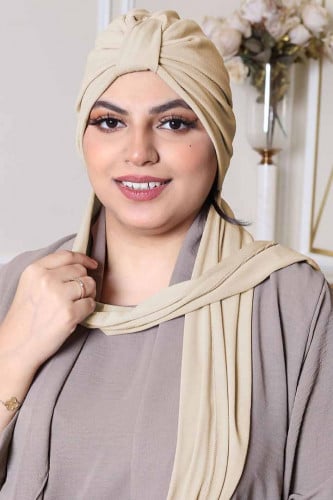 توربان بعقدة أمامية مع سكارف بلون بيج من القطن الن...