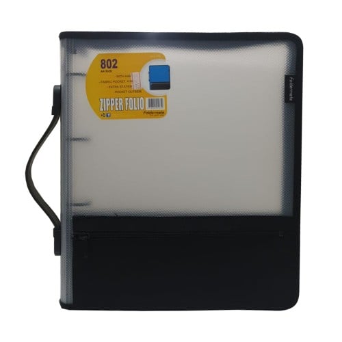 ملف بلاستيك جيب خارجي سحاب أربع حلقات حجم A4 اللون الأبيض فولدرميت