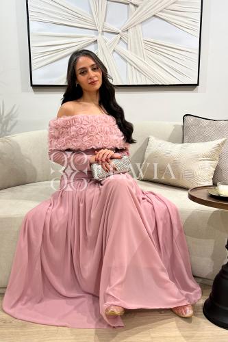 Rosalia Dress  Pink Chiffon with 3D Floral Embroidery | Elegant Gown -  Elavia Luxury Womenswear Boutique