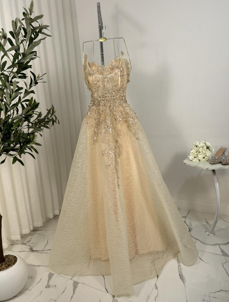 فستان سهره نسائي مطرز خرز لون ذهبي