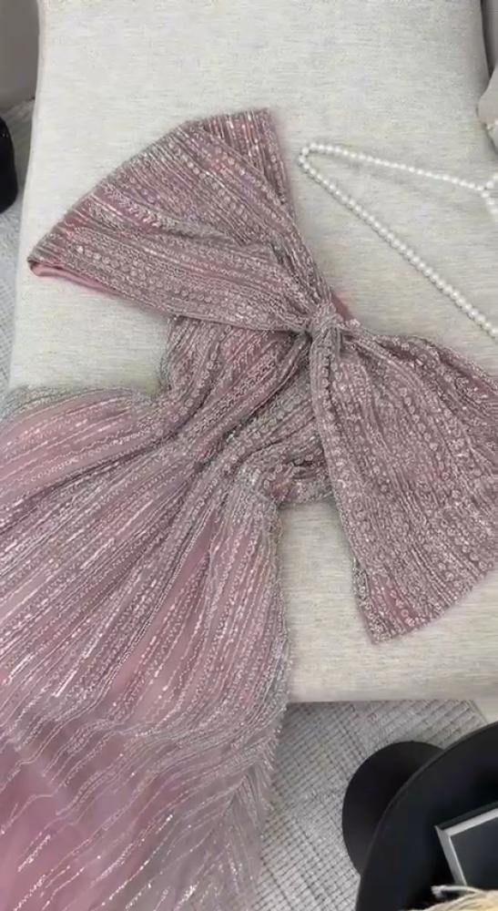 فستان سهره نسائي مطرز خرز لون لحمي