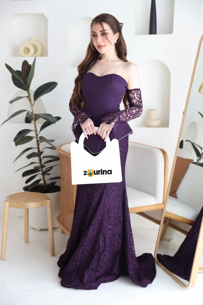 فستان سهره نسائي كريب على دانتيل كم طويل لون ليلكي