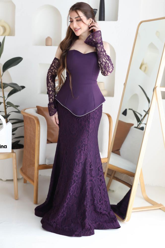 فستان سهره نسائي كريب على دانتيل كم طويل لون ليلكي