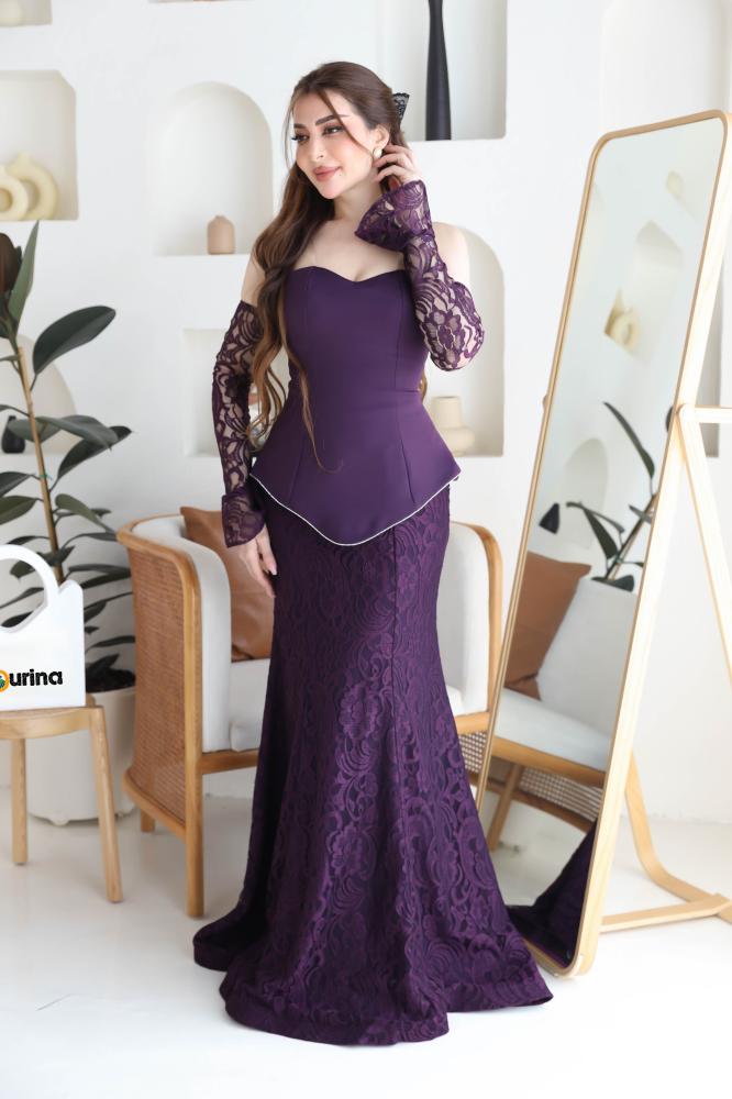 فستان سهره نسائي كريب على دانتيل كم طويل لون ليلكي