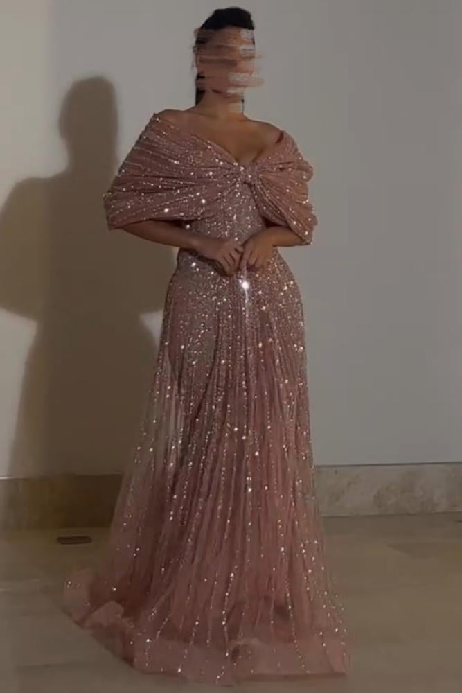 فستان سهره نسائي مطرز خرز لون لحمي