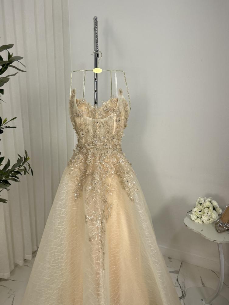 فستان سهره نسائي مطرز خرز لون ذهبي