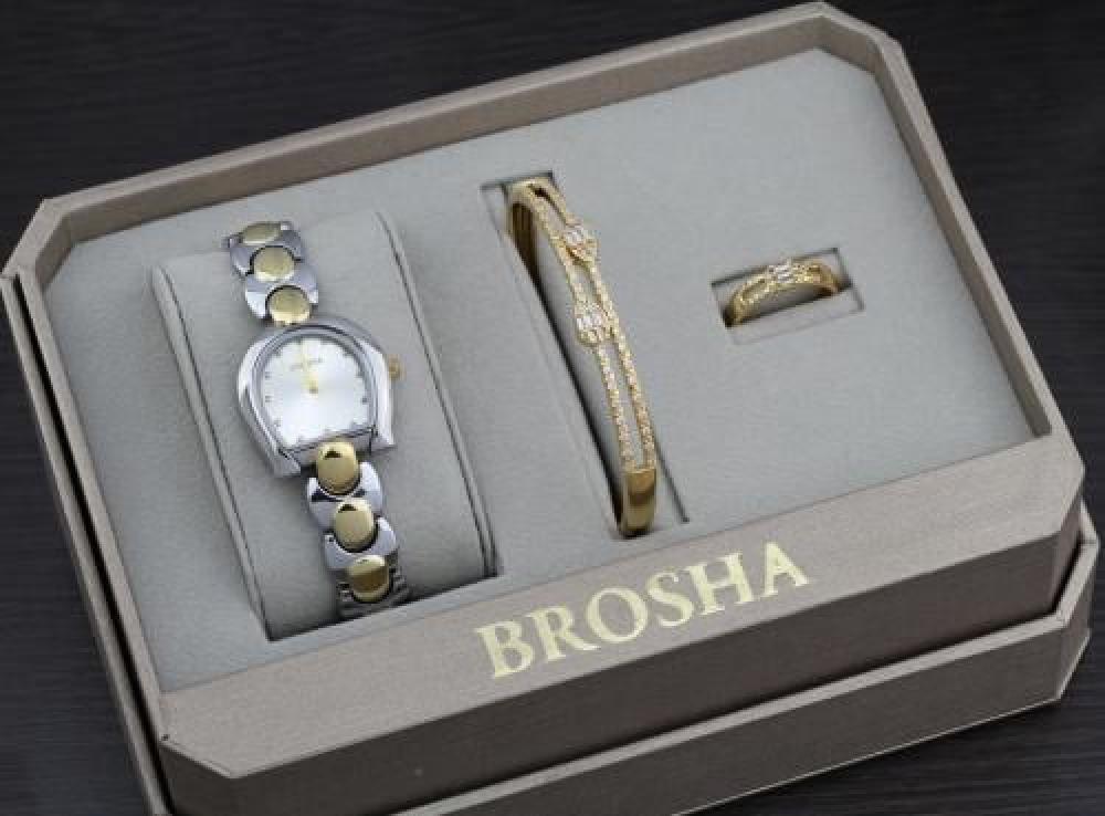طقم نسائي من BROSHA استيل اسواره زيركون ذهبي وفضي