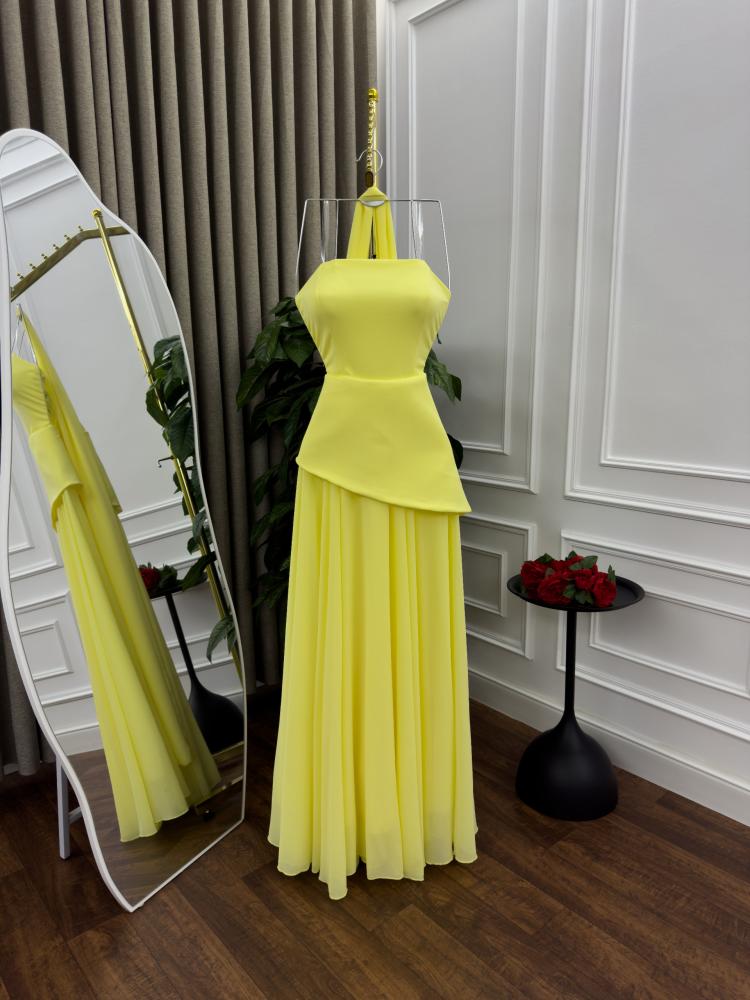 فستان نسائي من الشيفون ناعم لون ليموني