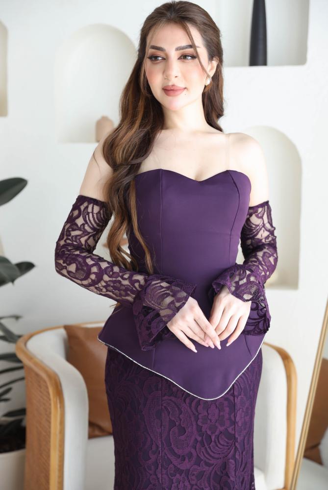 فستان سهره نسائي كريب على دانتيل كم طويل لون ليلكي