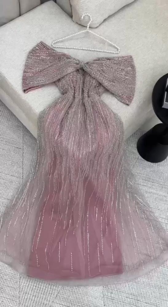 فستان سهره نسائي مطرز خرز لون لحمي