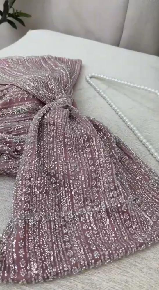 فستان سهره نسائي مطرز خرز لون لحمي