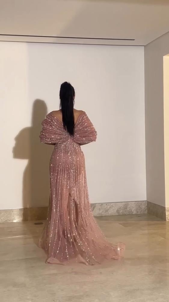 فستان سهره نسائي مطرز خرز لون لحمي