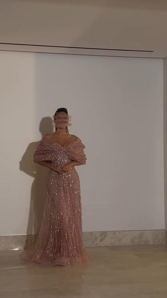 فستان سهره نسائي مطرز خرز لون لحمي