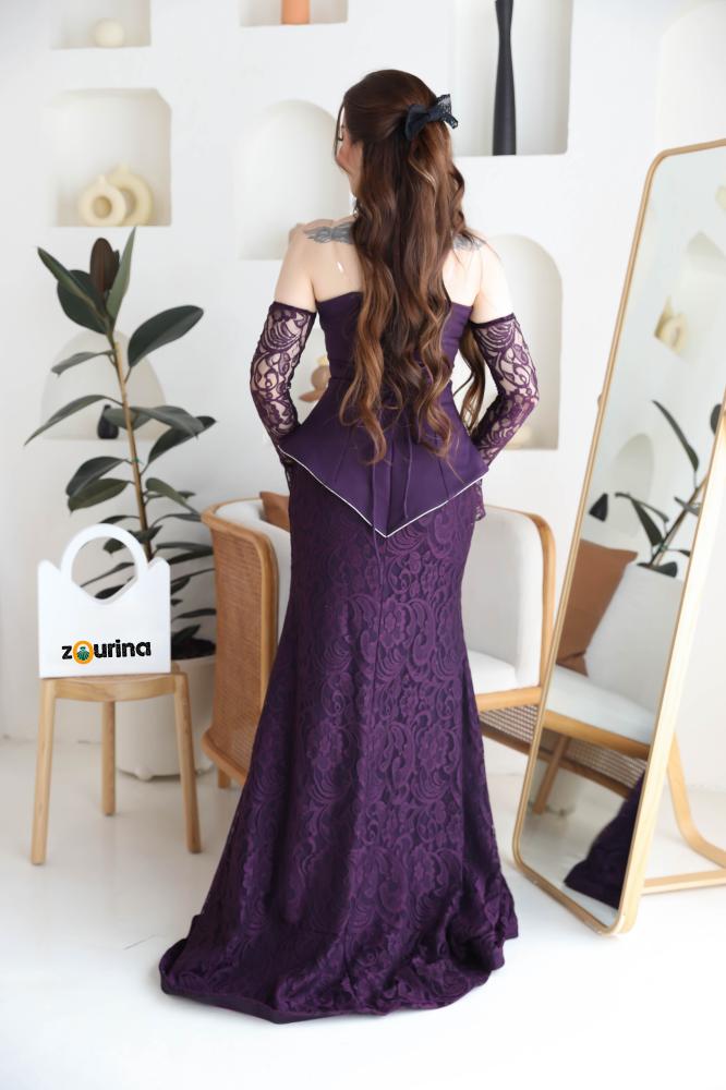 فستان سهره نسائي كريب على دانتيل كم طويل لون ليلكي