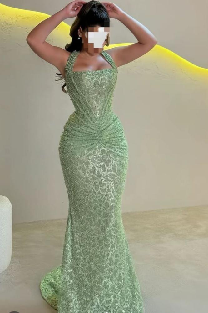 فستان سهره نسائي مطرز خرز لون تفاحي غامق