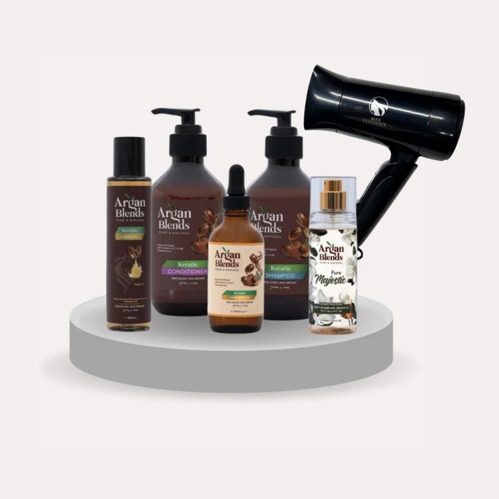 طقم مجموعة الكيراتين (شامبو - بلسم - زيت - سيروم - عطر) مع استشوار مجاناً