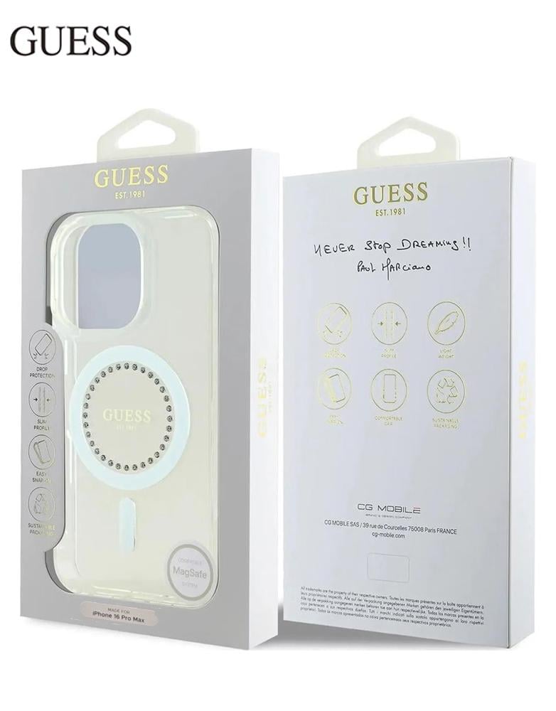 جراب ايفون 16برو ماكس Guess - مزود بترصيعات كريستالية حول حلقة MagSafe
