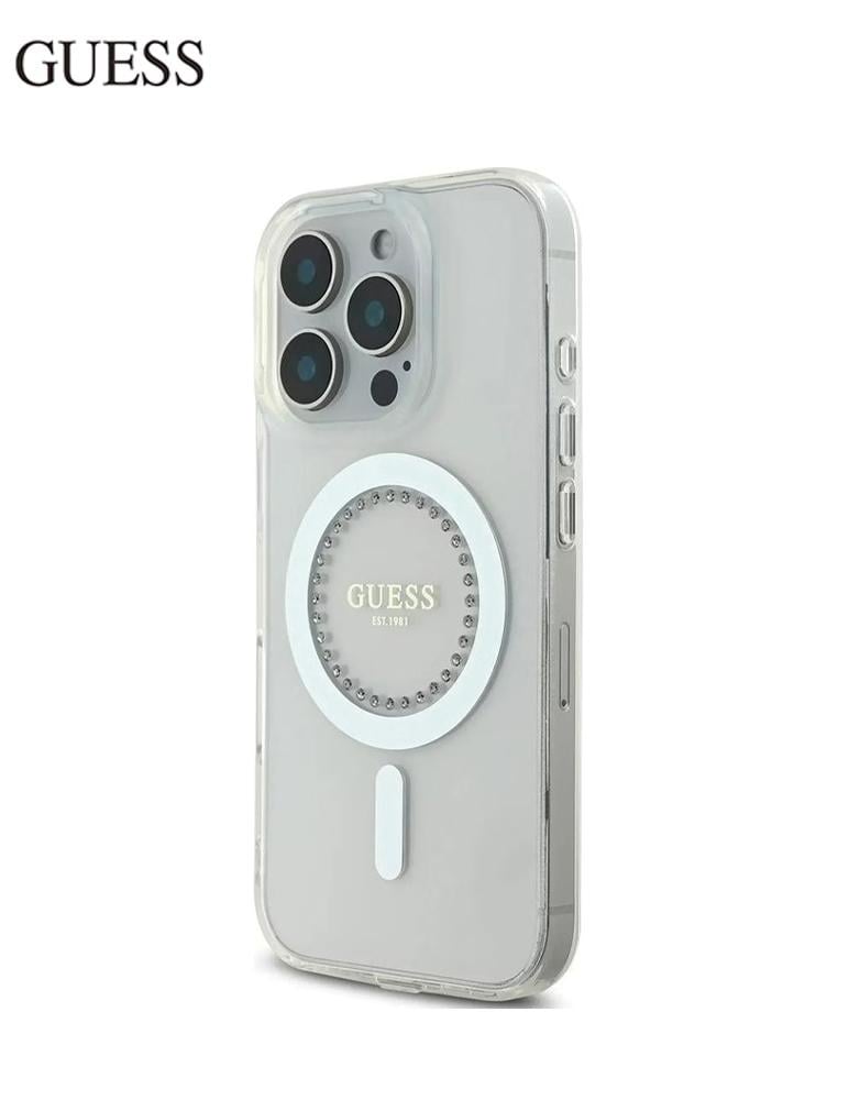 جراب ايفون 16برو ماكس Guess - مزود بترصيعات كريستالية حول حلقة MagSafe