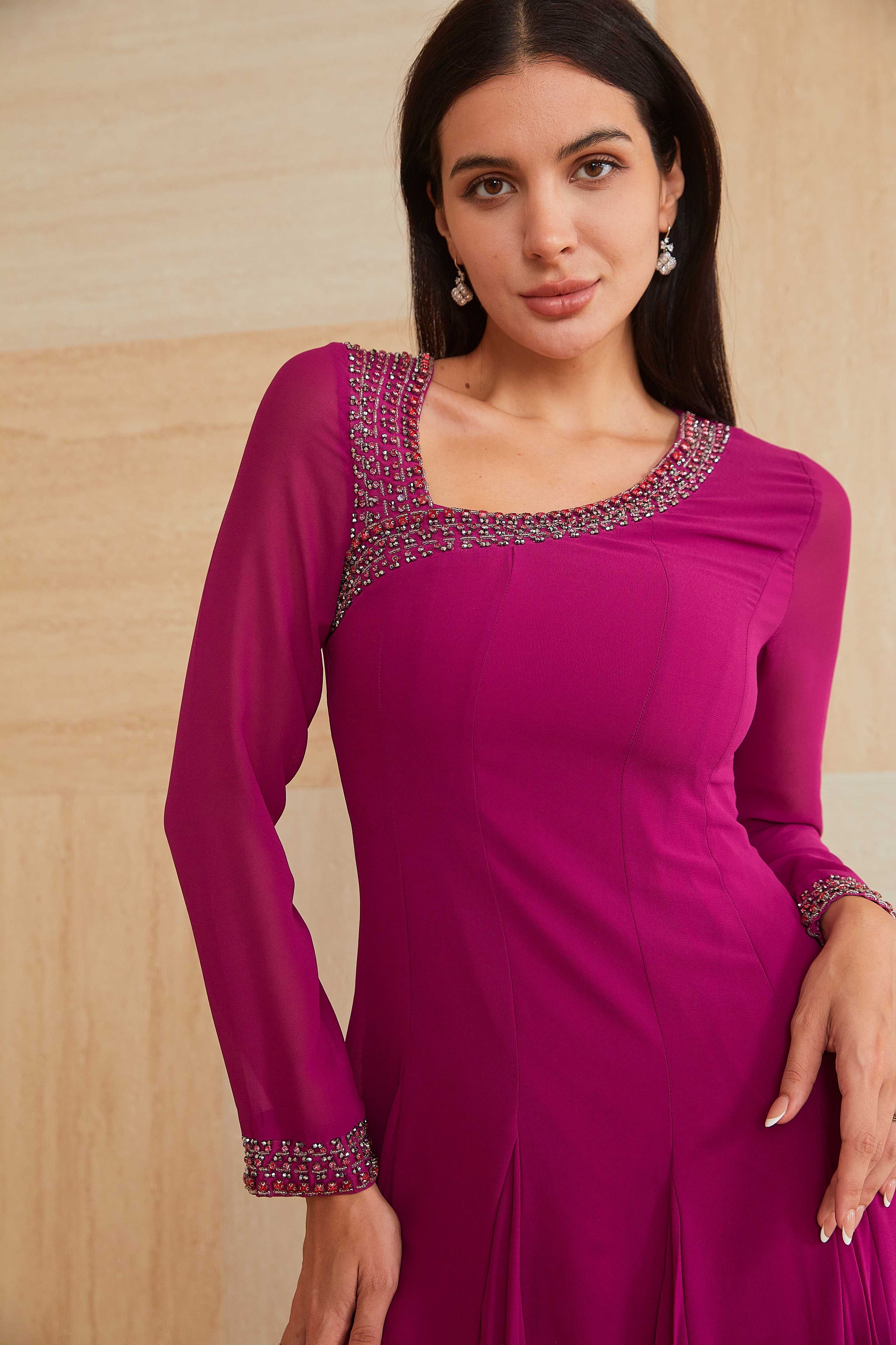 white christmas dresses Zapaka Women Fuchsia Bridesmaid Dress with Slit A Line Chiffon Long Wedding Guest Dress, Fuchsia / UK32