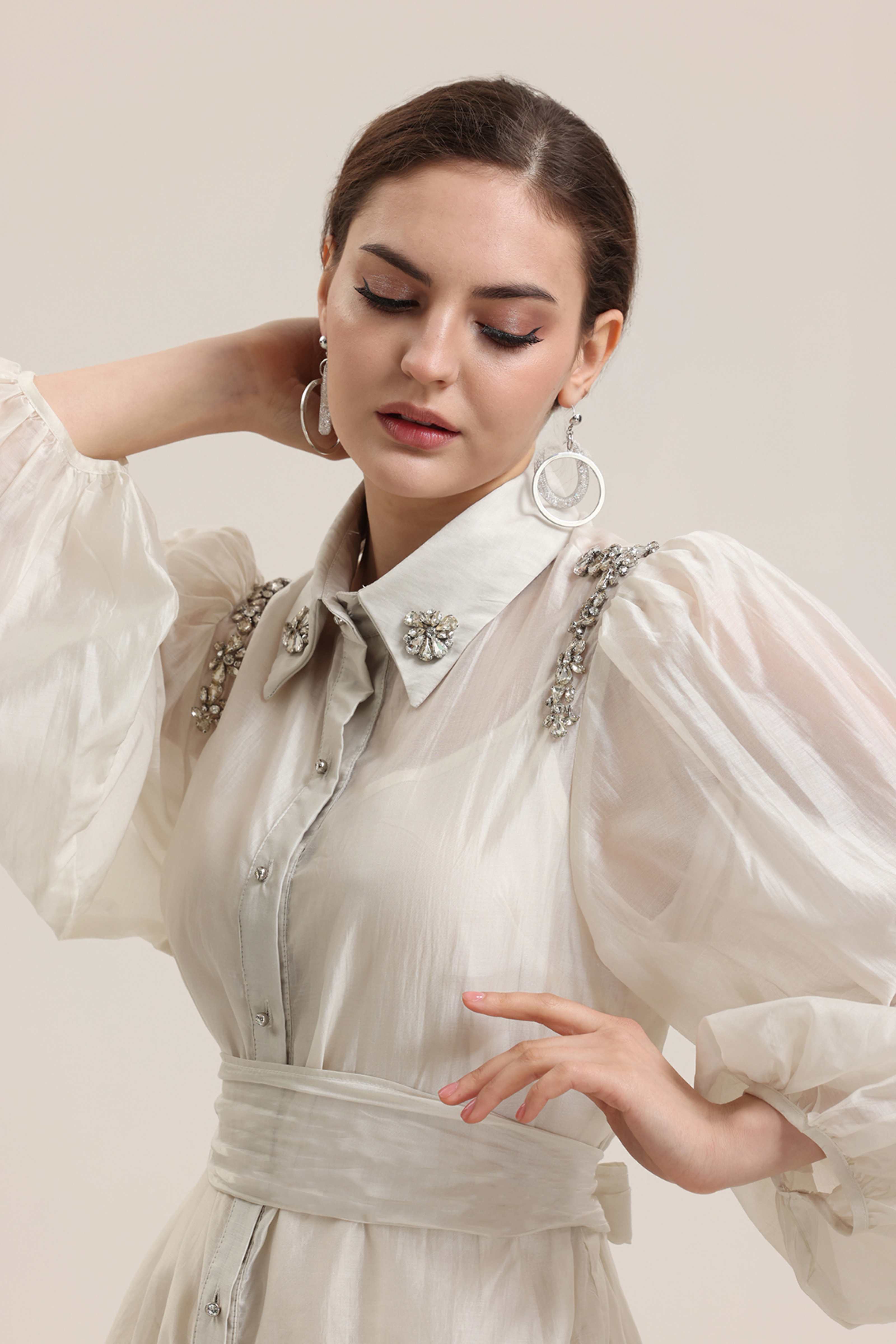 Black Organza Blouse with Shoulder Embroidery | LAVALLEE
