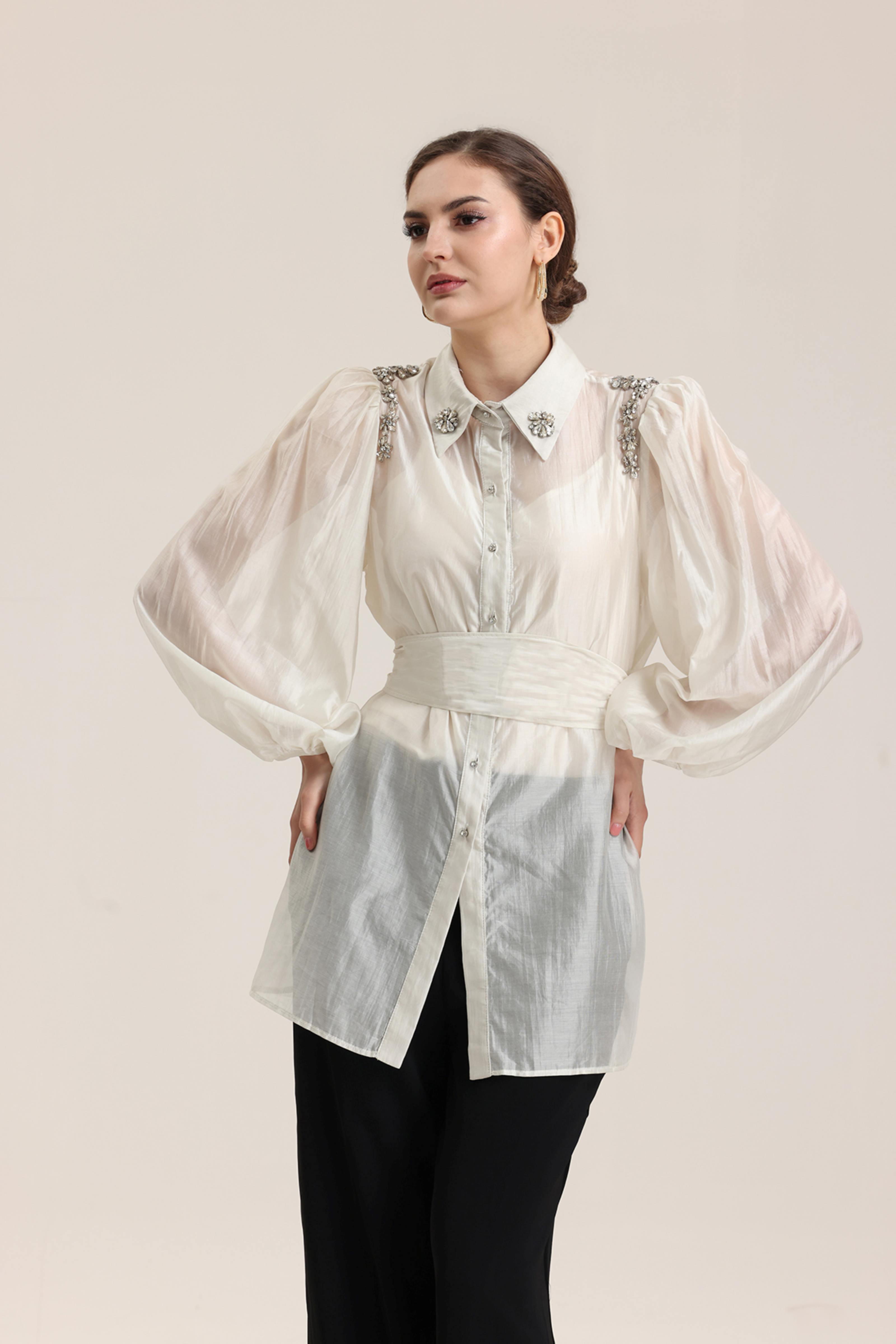 Black Organza Blouse with Shoulder Embroidery | LAVALLEE