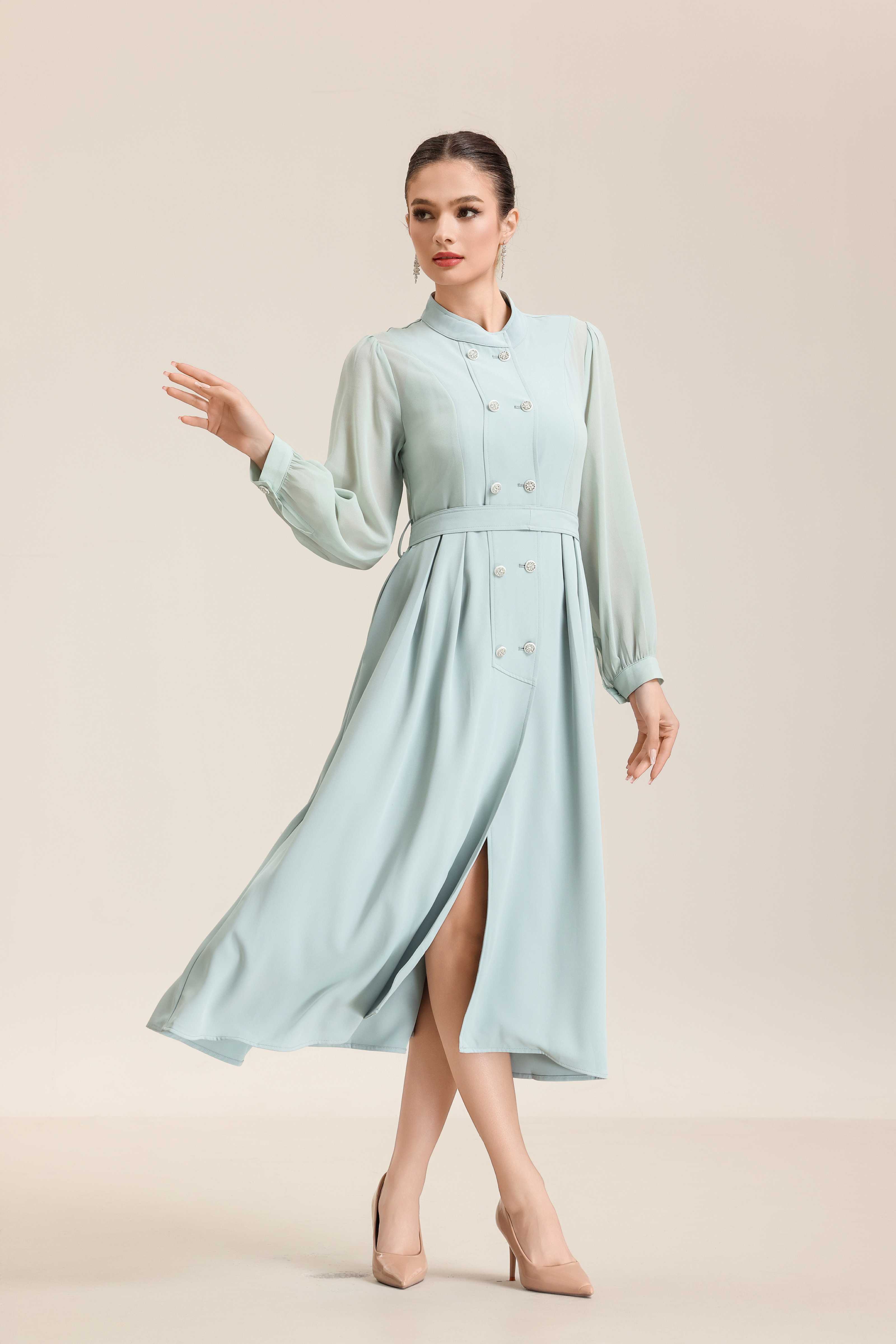 tiffany blue midi dress Tiffany-Blue Puffed Sleeve Midi Prom Dress trinarosh