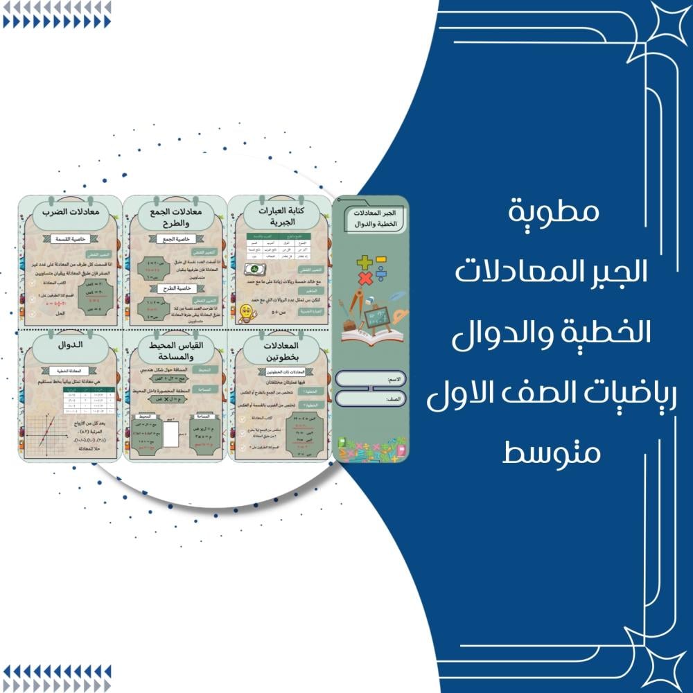 مطوية الجبر المعادلات الخطية والدوال رياضيات الصف الأول متوسط الترم الأول