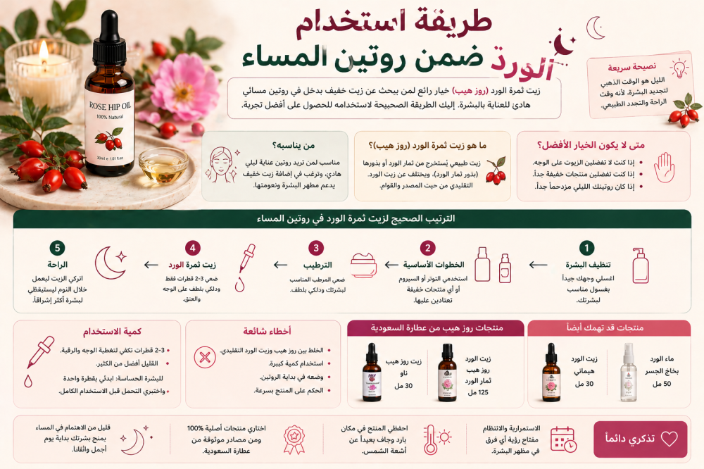 طريقة استخدام زيت ثمرة الورد ضمن روتين المساء