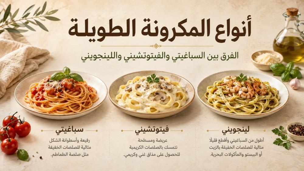 أنواع المكرونة الطويلة والفرق بين السباغيتي والفيتوتشيني واللينجويني
