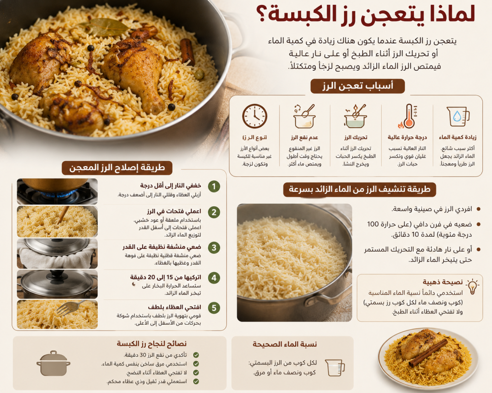 لماذا يتعجن رز الكبسة؟ إصلاح الرز المعجن وتنشيفه