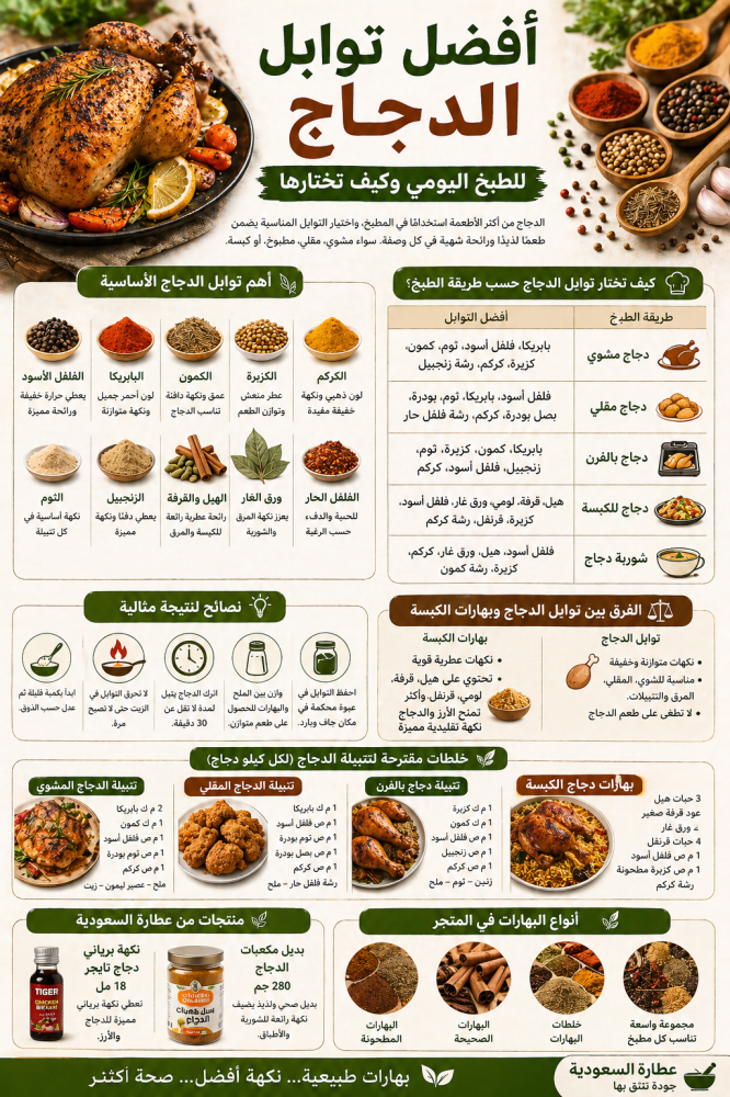 أفضل توابل الدجاج للطبخ اليومي وكيف تختارها