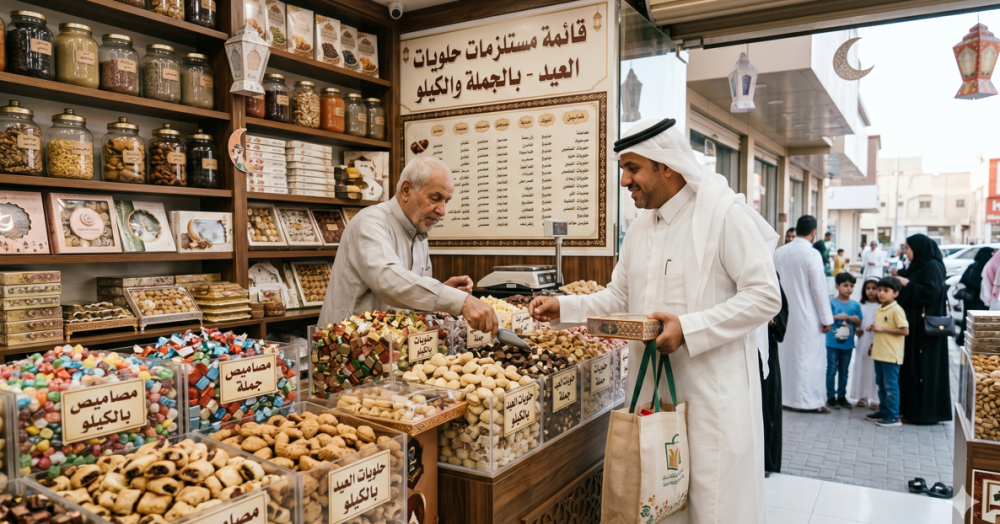 قائمة مستلزمات حلويات العيد وكيف تشتري حلويات العيد بالجملة أو بالكيلو
