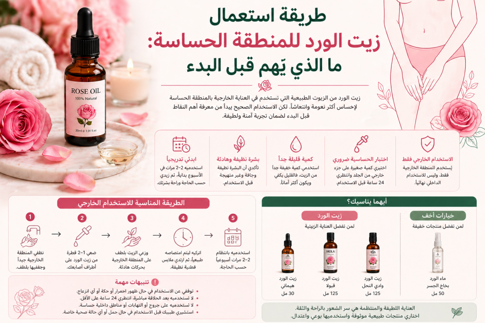 طريقة استعمال زيت الورد للمنطقة الحساسة: ما الذي يهم قبل البدء