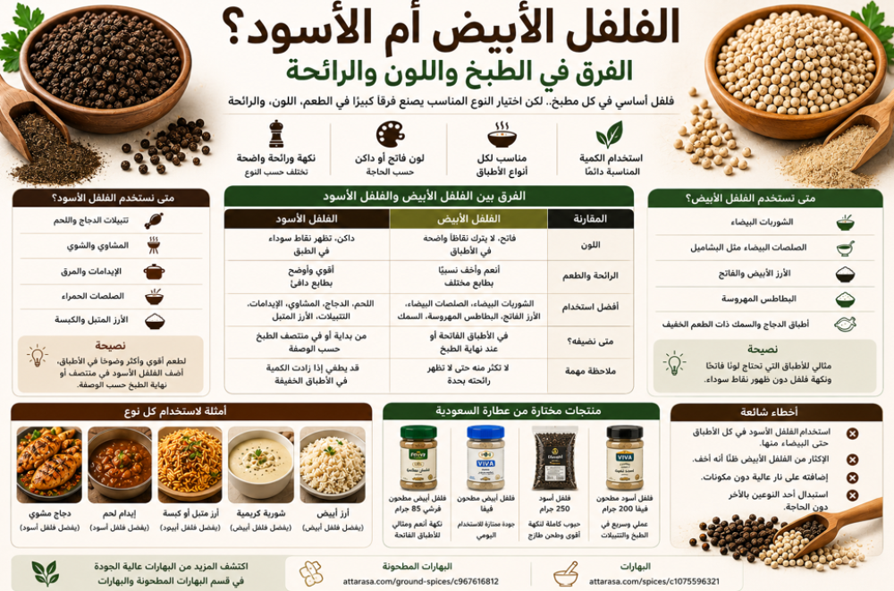 الفلفل الأبيض أم الأسود؟ الفرق في الطبخ واللون والرائحة