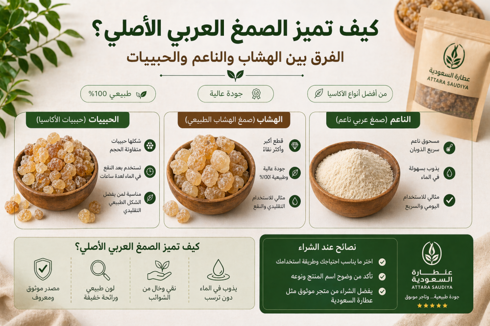 كيف تميز الصمغ العربي الأصلي؟ الفرق بين الهشاب والناعم والحبيبات