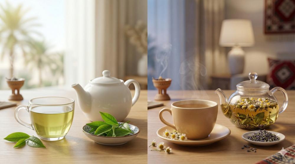 الفرق بين الشاي الأخضر اليومي وشاي الأعشاب المخصص للمساء